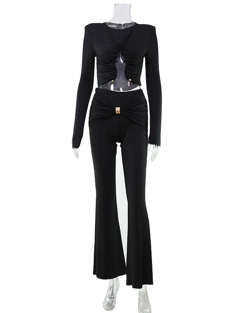 Ahagaga Autumn Fashion Women's Sets Solid Regular Long Sleeves O-Neck Skinny 2Pcs (Tops+Pants) Knot Casual Streetwear Folds Suit