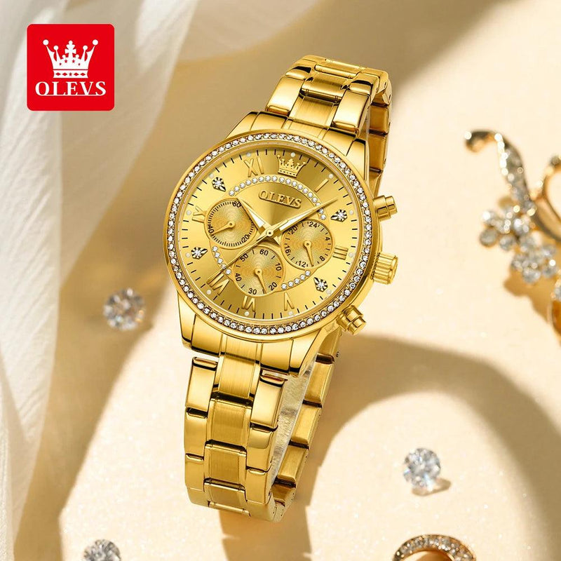 OLEVS Women's Quartz Watch Luxury Diamond Dial Gold Stainless Steel Waterproof Classic Three Small Dials Watch for Women New In - CRAVO ROSE