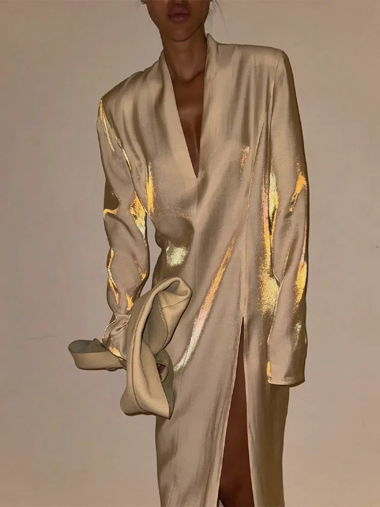 Fashion Solid Shiny Laser Color Splicing Long Dress Chic V Neck Full Sleeves Split Maxi Dresses Spring Women New Party Vestidos