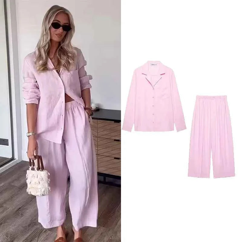 Women's Mid Waist Pants Set Spring 2 Piece Set Lapel Collar Shirt Pocket Elastic Waist Barrel Trousers Two Piece Female Outfits