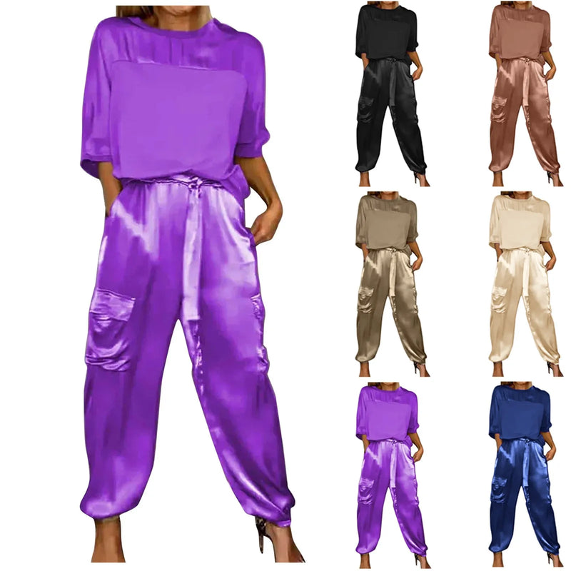 Women Smooth Satin Half Sleeve Top And Pants Set Women Casual Summer Satin Pajama Set solid color party Glossy Outfits - CRAVO ROSE