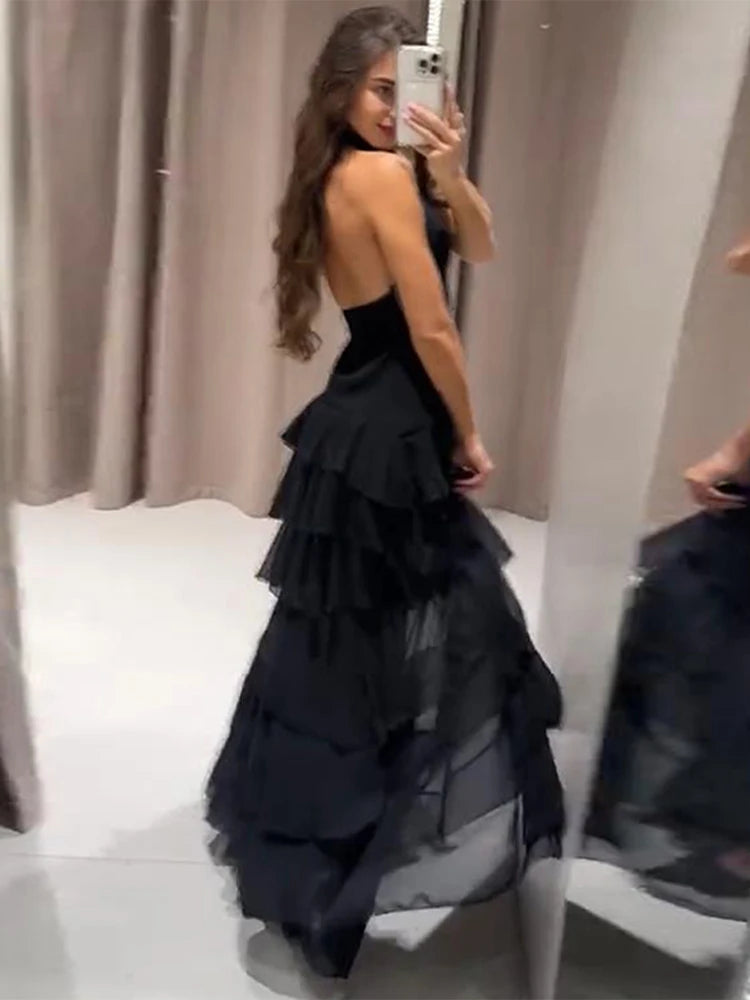 Vestido de festa elegante com babados, sexy, sem costas, sem mangas, estilo halter, para mulheres, verão 2025, chique, bainha irregular, preto, robe feminino