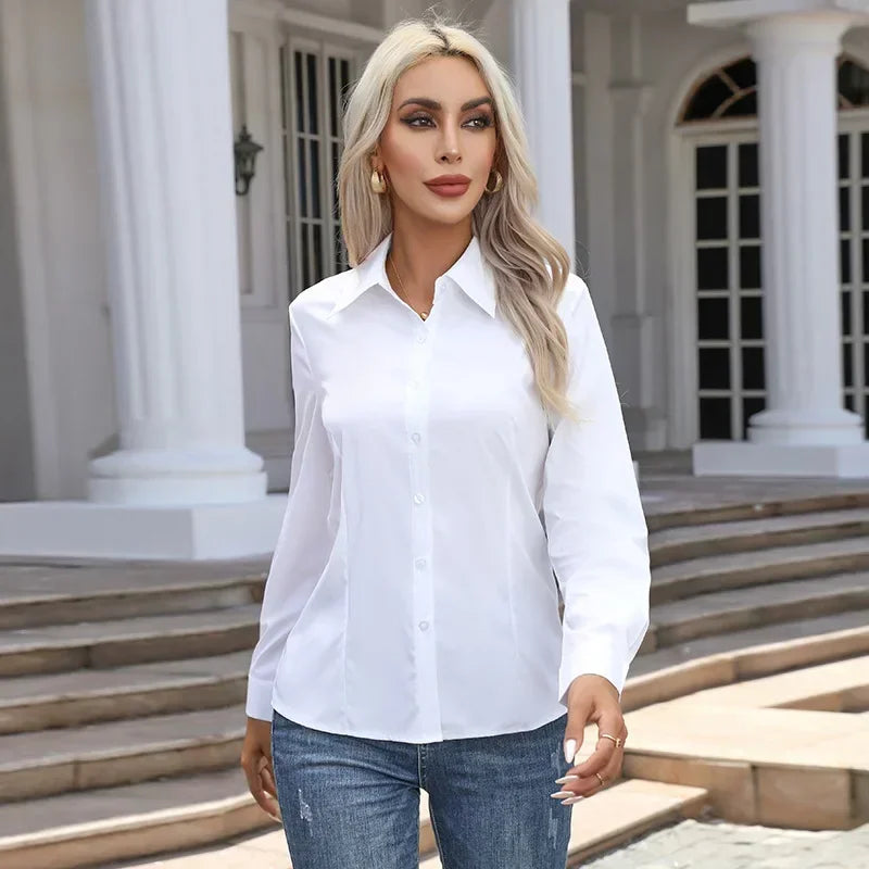 White Shirt Women Fashion Business Shirts Office Lady Long Sleeve Blouse L-6XL Women Clothing Button Shirt Plus Size Ladies Tops - CRAVO ROSE