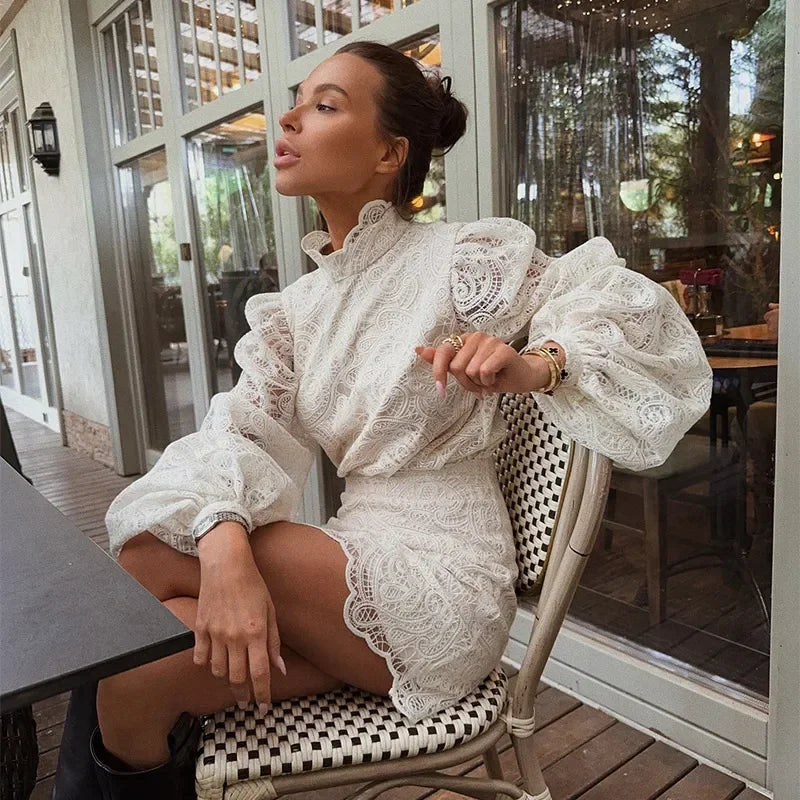 Elegant Lace Hollow Out Mini Dress Women Long Sleeve Designs Chic High Neck Short Vestidos 2026 Trendy Spring Club Night Gown