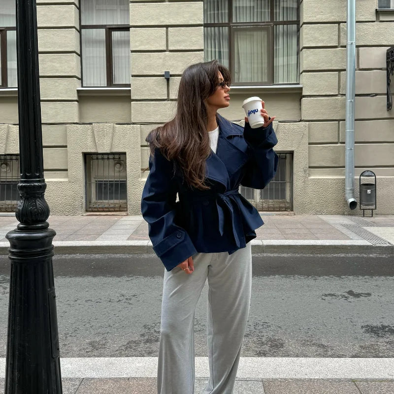 Women Lapel V-neck Belt Trench Coat Fashion Lace Up Full Sleeve Button Short Thin Windbreak 2025 New Lady Daily Street Outerwear