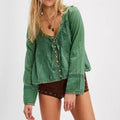 Blusa feminina Combhasaki Y2K Fairy, manga comprida, gola quadrada, patchwork de renda, amarração frontal transparente, blusa curta com botões