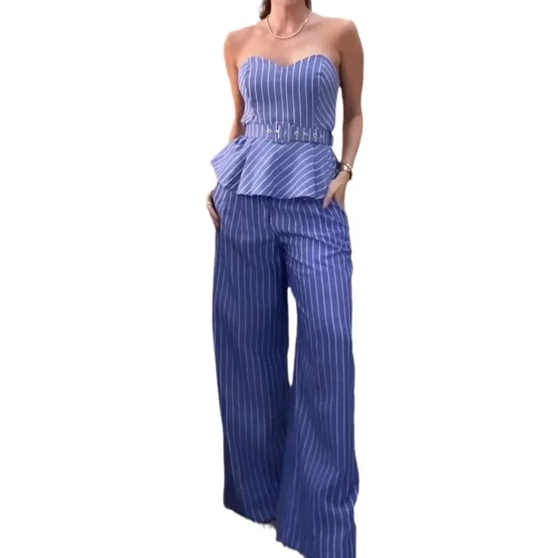 Sleeveless Strapless Tank Top Stripes Printed & Long Wide Leg Pants Women 2pcs Clothes Set Office