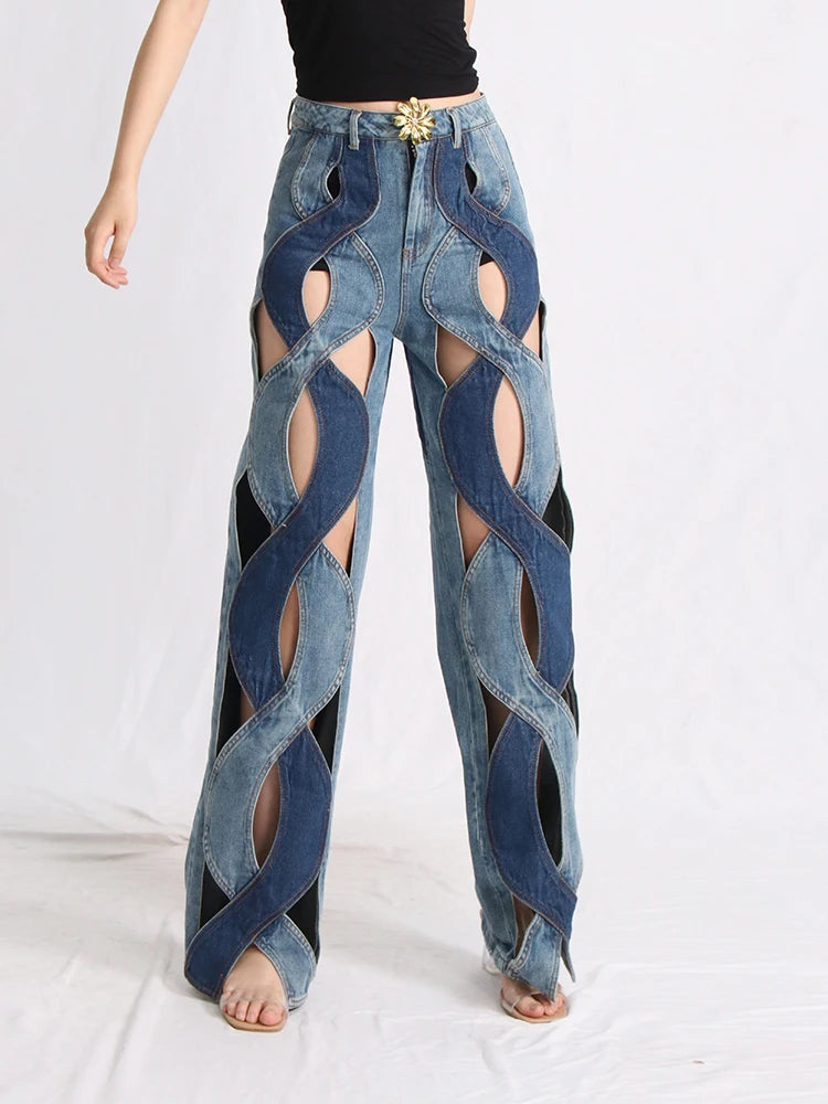 TWOTWINSTYLE Calça jeans feminina com zíper e patchwork, cintura alta, vazada, casual, perna larga, roupa feminina, nova moda