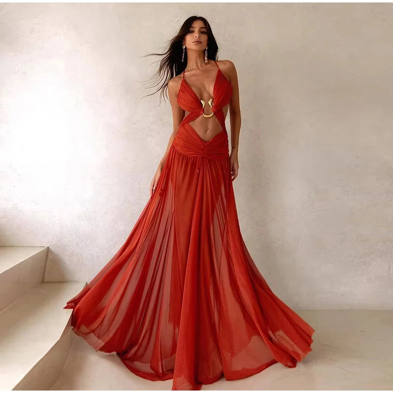 Vestidos longos sensuais vazados  plissados, chiques, decote em V, frente única, sem mangas, costas nuas, linha A