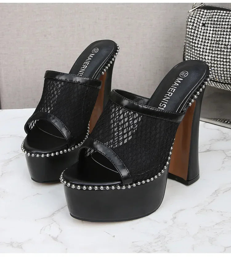 Women Mesh Lace Sandals  Summer Sexy High Heels Platform Slippers Ladies Fashion Bright Leather Comfort Open Toe Sandals