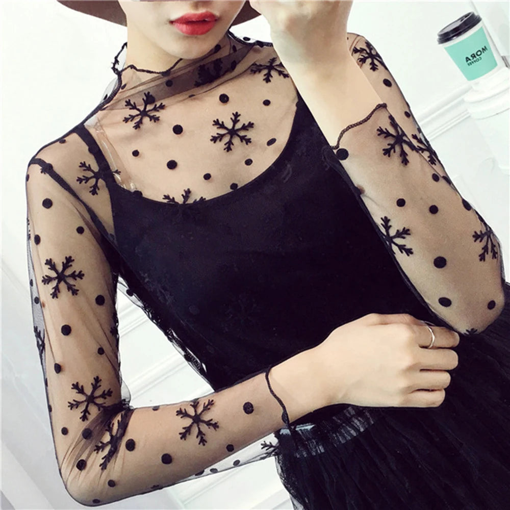 Sexy Mesh Perspective Top Ladies Sheer Blouses Women Lace Floral T Shirt See Through Long Sleeve Tee Shirts Sunscreen Tops