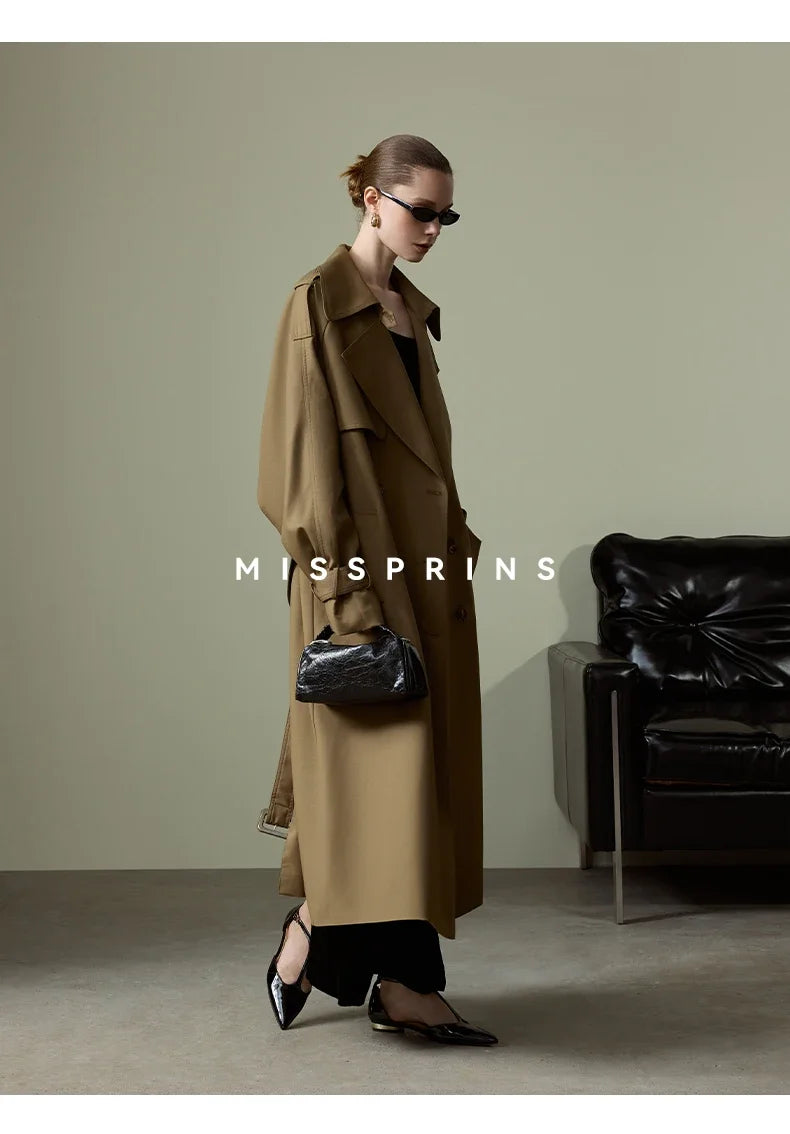 Lautaro Spring Autumn Long Khaki Trench Coat for Women Belt Double Breasted Chic Luxury Designer European Fashion Clothes 2025