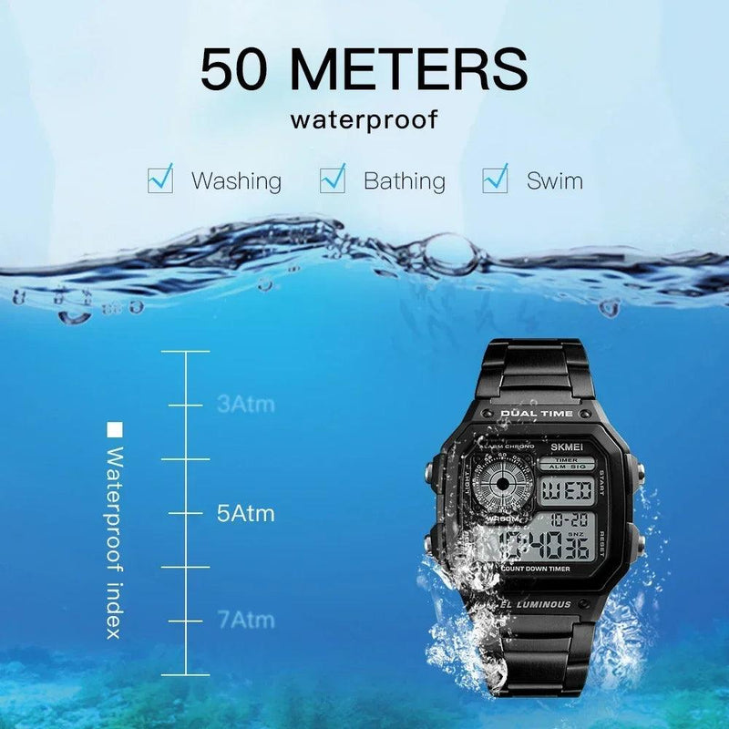 SKMEI 1335 Stainless Steel Strap Digital Watch reloj hombre Sport Watch Men 5Bar Waterproof Watches - CRAVO ROSE