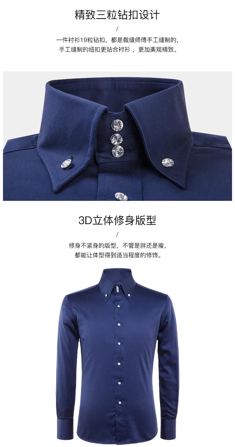 Men's Stretchy Long Sleeve Shirt Crystal Buttons Business Casual Slim Fit Dress Shirts for Men Trendy Traf Homme TS-928