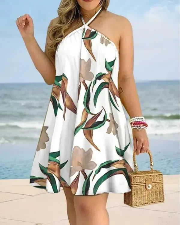 Vestidos Sem Mangas Sem Costas Curto Mini Vestido Solto Halter Neck Estampa Praia Vestido de Verão Floral Vestidos S-3XL