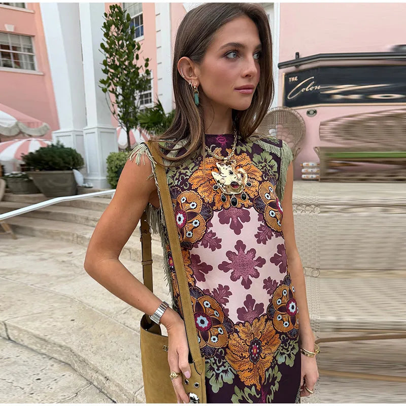 Elegant Printed Women's Tassel Dress Fringed Sleeveless Slim Irregular Party Evening Dresses 2026 Spring Summer Lady Vestidos