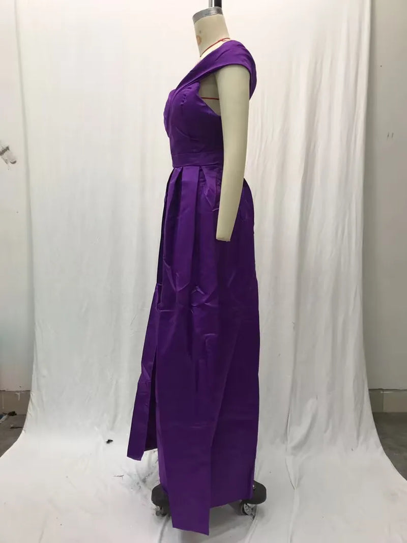 Women's Long Loose Maxi Dress Summer Deep V-neck Solid Color Satin High Split Strapless Short Sleeve Dress