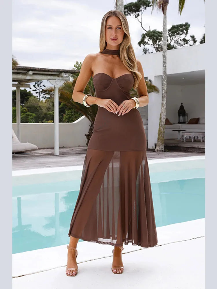 Vestido longo elegante com decote redondo e manga curta, moda feminina, liso, plissado, gaze, patchwork, 2025, novo, para escritório