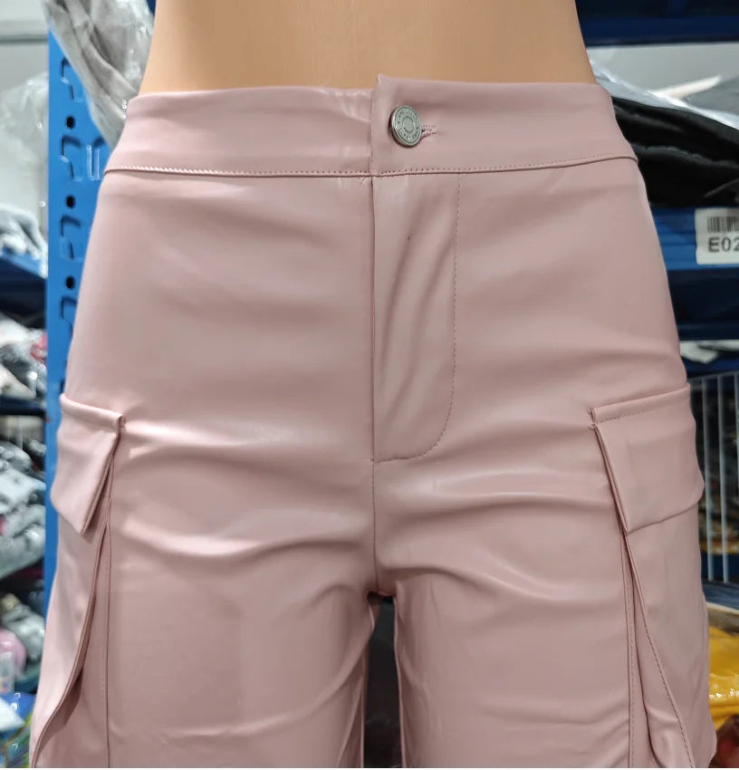 Calças casuais de couro sintético com perna reta e bolsos lisos, cintura alta, moda feminina