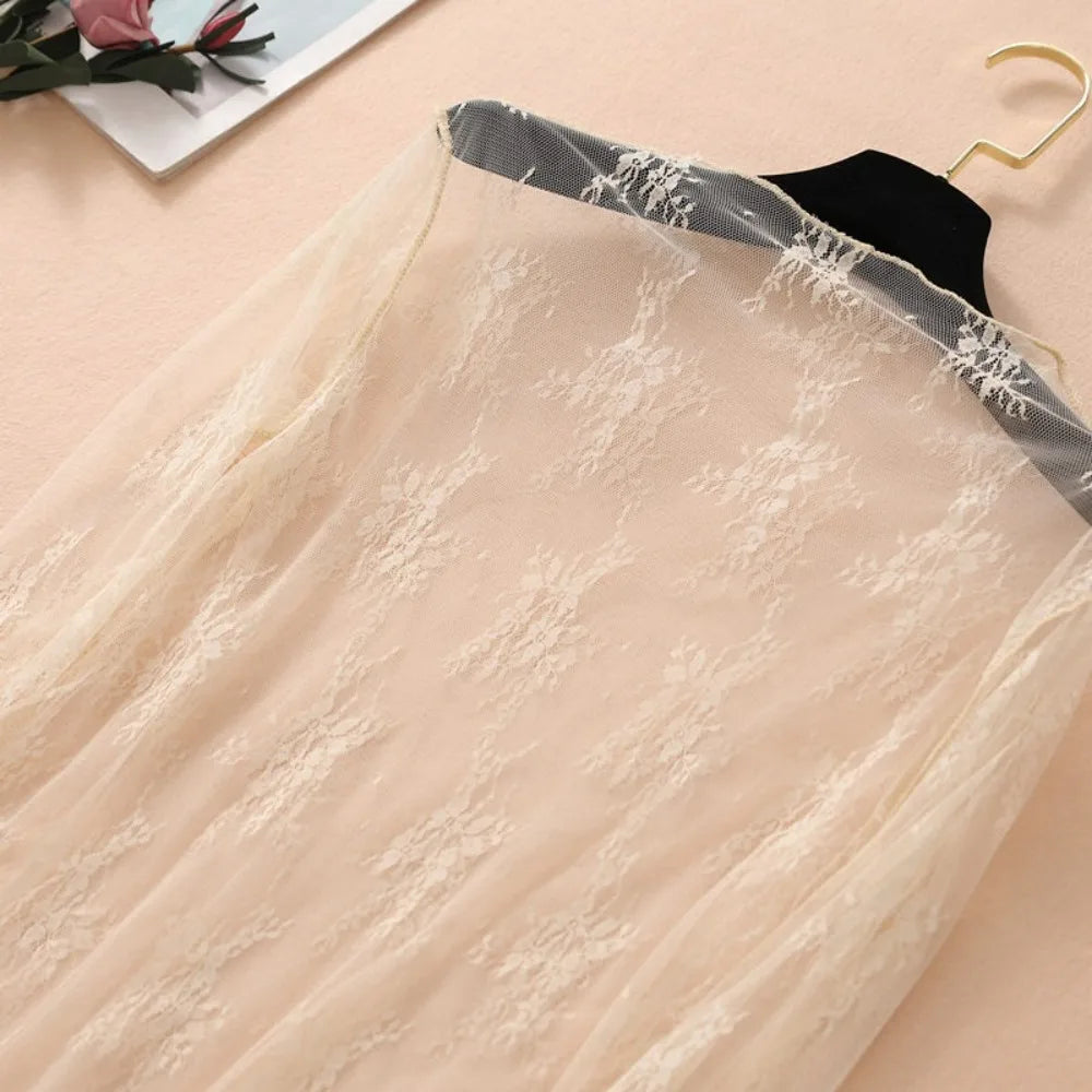 New Half High Collar Lace Shirt Transparent Perspective Long Sleeve Women Clothing Hollow Bottom Shirt Ladies