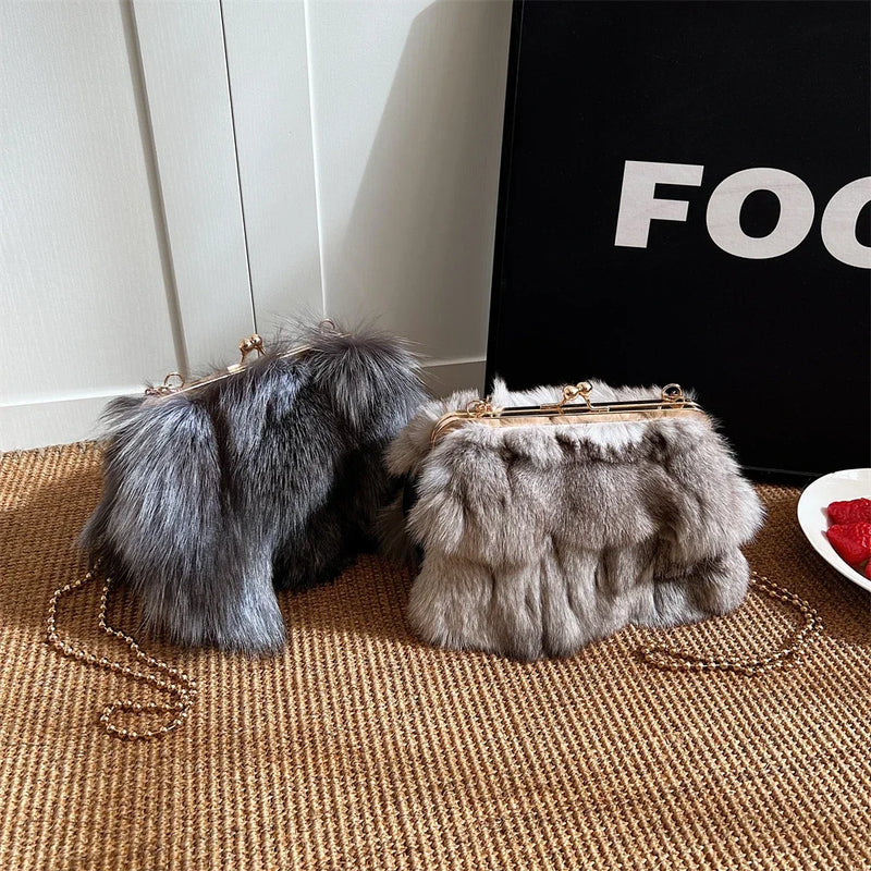 Soft Plush Evening Bags for Elegant Women Fox Fur Dinner Party Clutch Chain Crossbody Winter Warm Luxury Designer Handbags