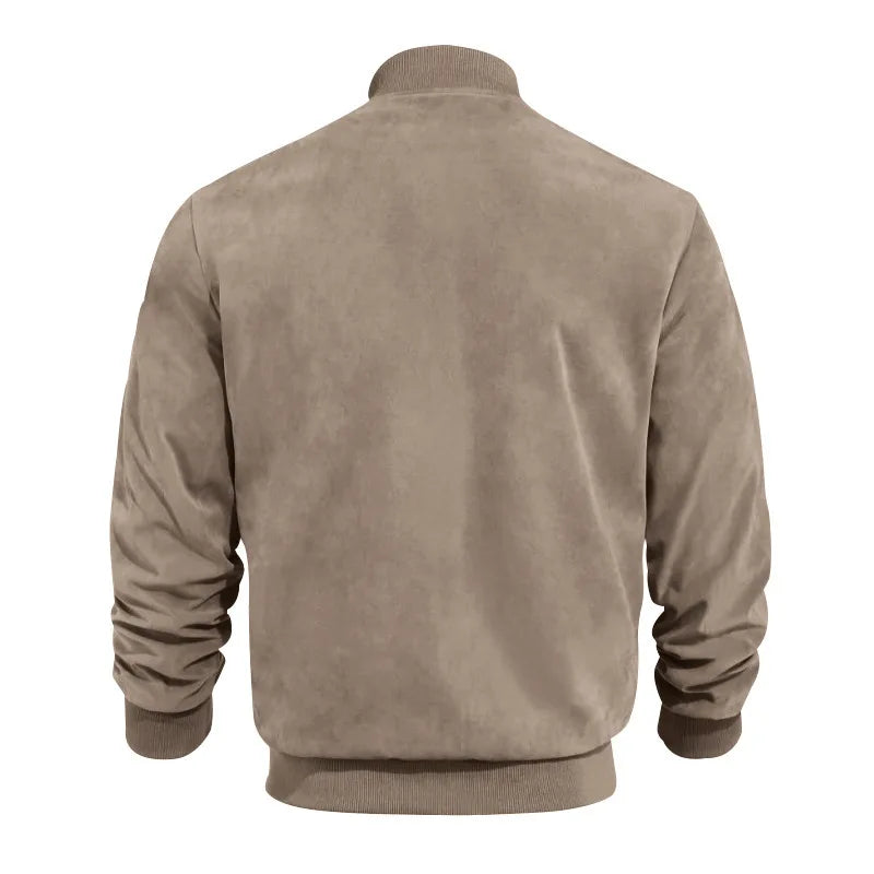 Men's Business Casual Suede Jacket Zipper Collar Warm Sporty Outerwear Polyester Fabric Long Sleeve round Hem Knitted Sleeve