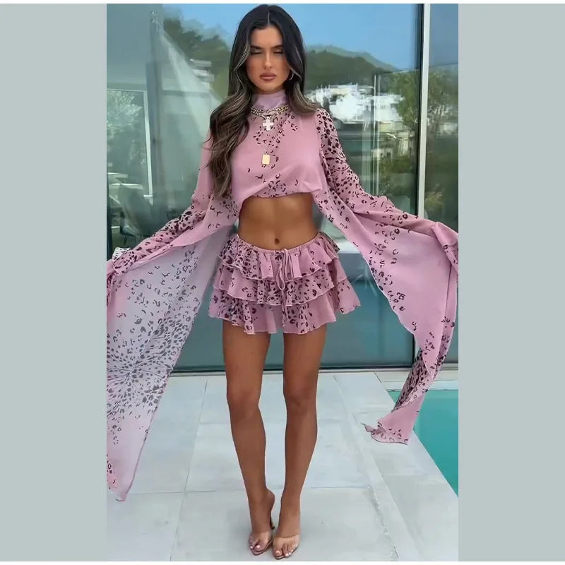 Sexy Women's Skirt Set Full Sleeve Crop Top Ruffle Hem Skirts Female Vacation Print Sets 2026 Summer Beach Fashion Lady Suit