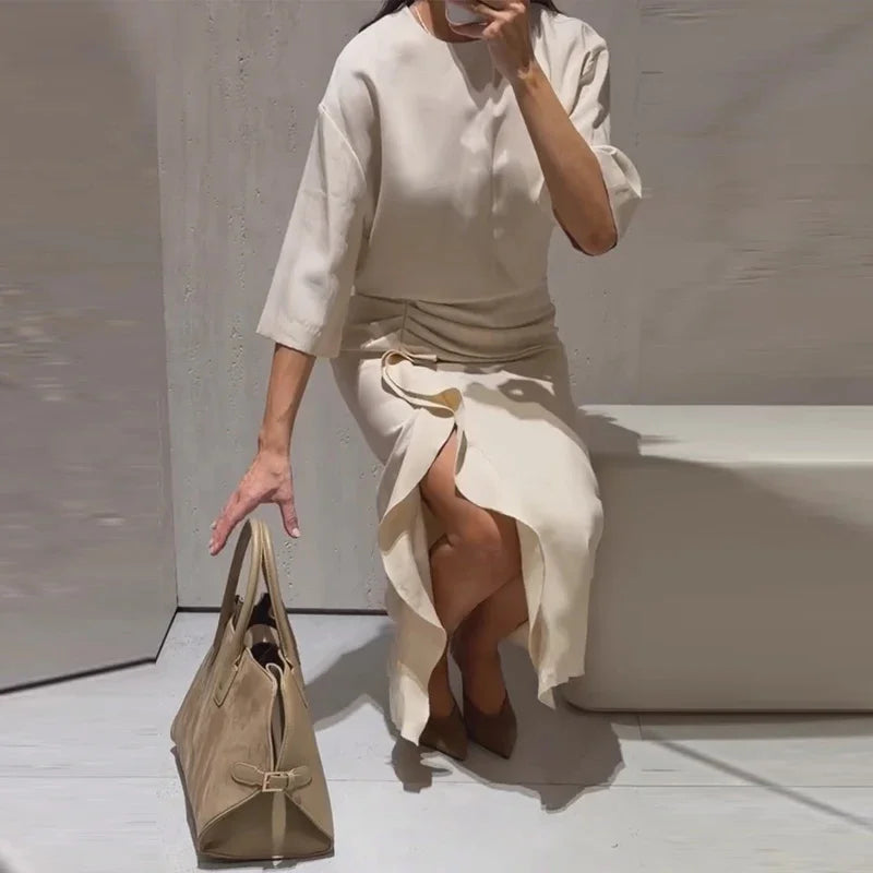 Women's Dress New Pleated Slit Midi Dress Spring Sexy Elegant Women's Long Dress