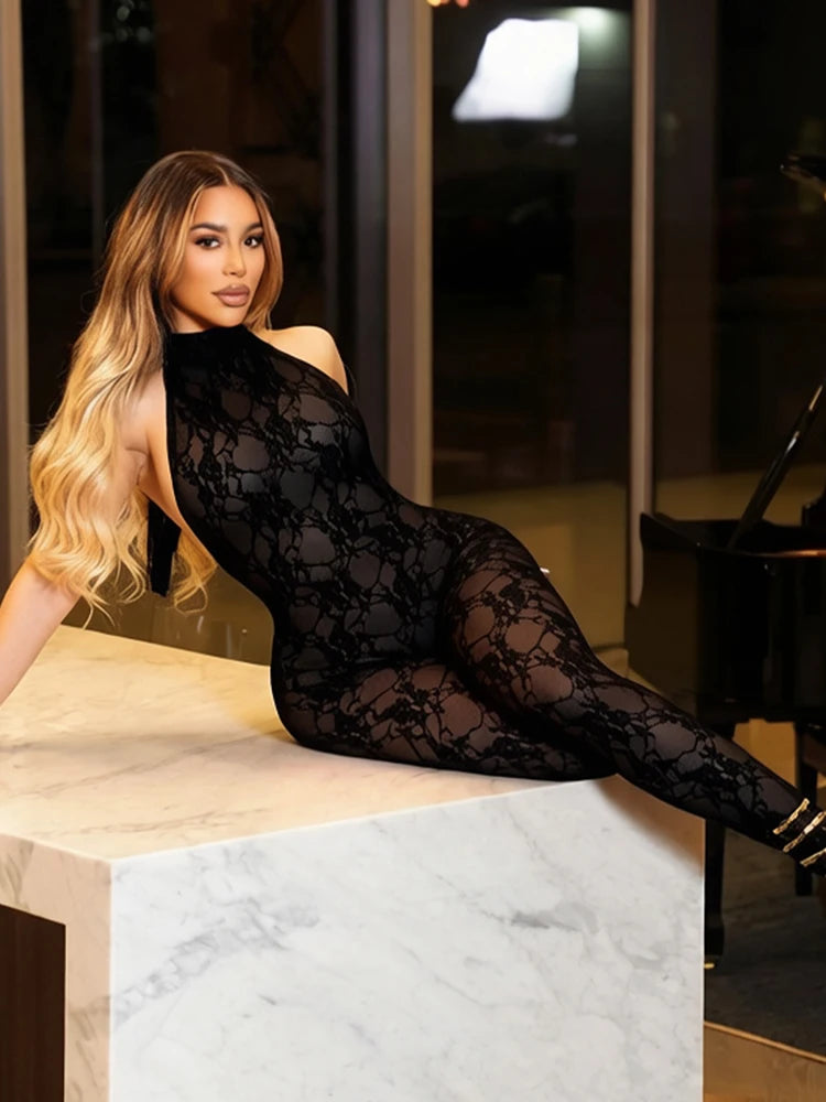 Weird Puss See through Backless Jumpsuit Women Sexy Wild Jacquard Bandages Halter Sleeveless Stretch High Street Party Clubwear