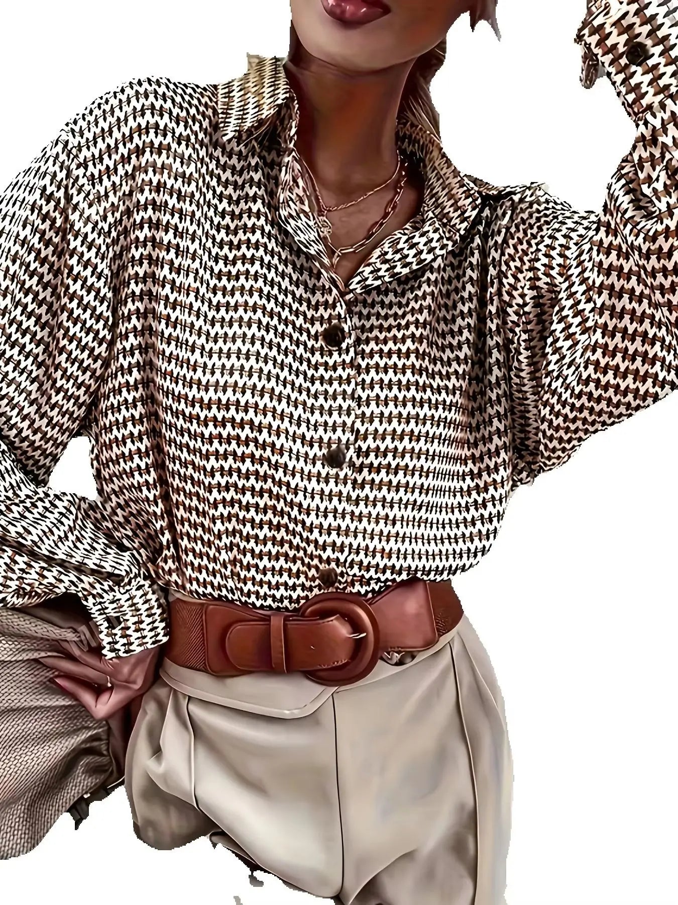 Ladies' Casual, Fashionable, Comfortable Printed Single Row Button-Up Lapel Long-Sleeved Shirt