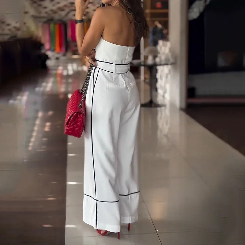 Summer casual striped printed sleeveless strapless tube clip waist wide leg pants jumpsuit