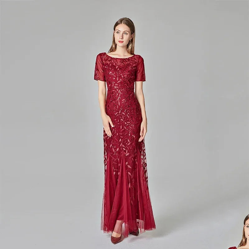 Plus Size Women's Evening Dress Fishtail Short Sleeve Lace Appliqué Tulle Stitching Personalized Design Long Party Evening Dress