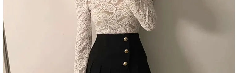 Fleece Lined Lace Base Shirt Women's Autumn Winter Hollow out Mesh Top Trendy Commute Style High Neck Long Sleeve  Color