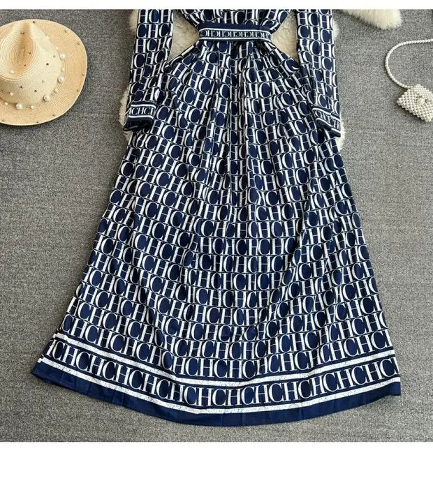 Elegant Retro Long Sleeve Print Shirt Dress Slimming A-Line High Waist Spring Autumn Korean Style Women's City Commute Dress