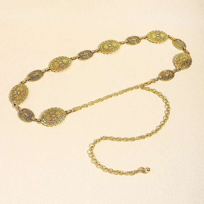 Retro style women's metal waist chain accessories Decorative circle carved chain belt high style accessories