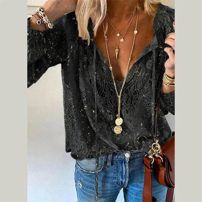 Blusa feminina elegante com decote em V profundo e renda de outono, blusa casual para trabalho, nova blusa feminina com decoração de alças e cor sólida
