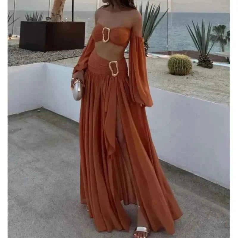 Sexy Pleated Crop Top Split Skirt Set Women Lantern Sleeve Off Shoulder Bust Wrap Top Dress Suit New Lady Holiday Party Outfits