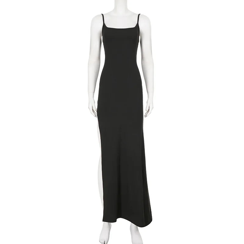 Sexy Bodycon High Slit Tank Dress Women Solid Off Shoulder Slip Dress