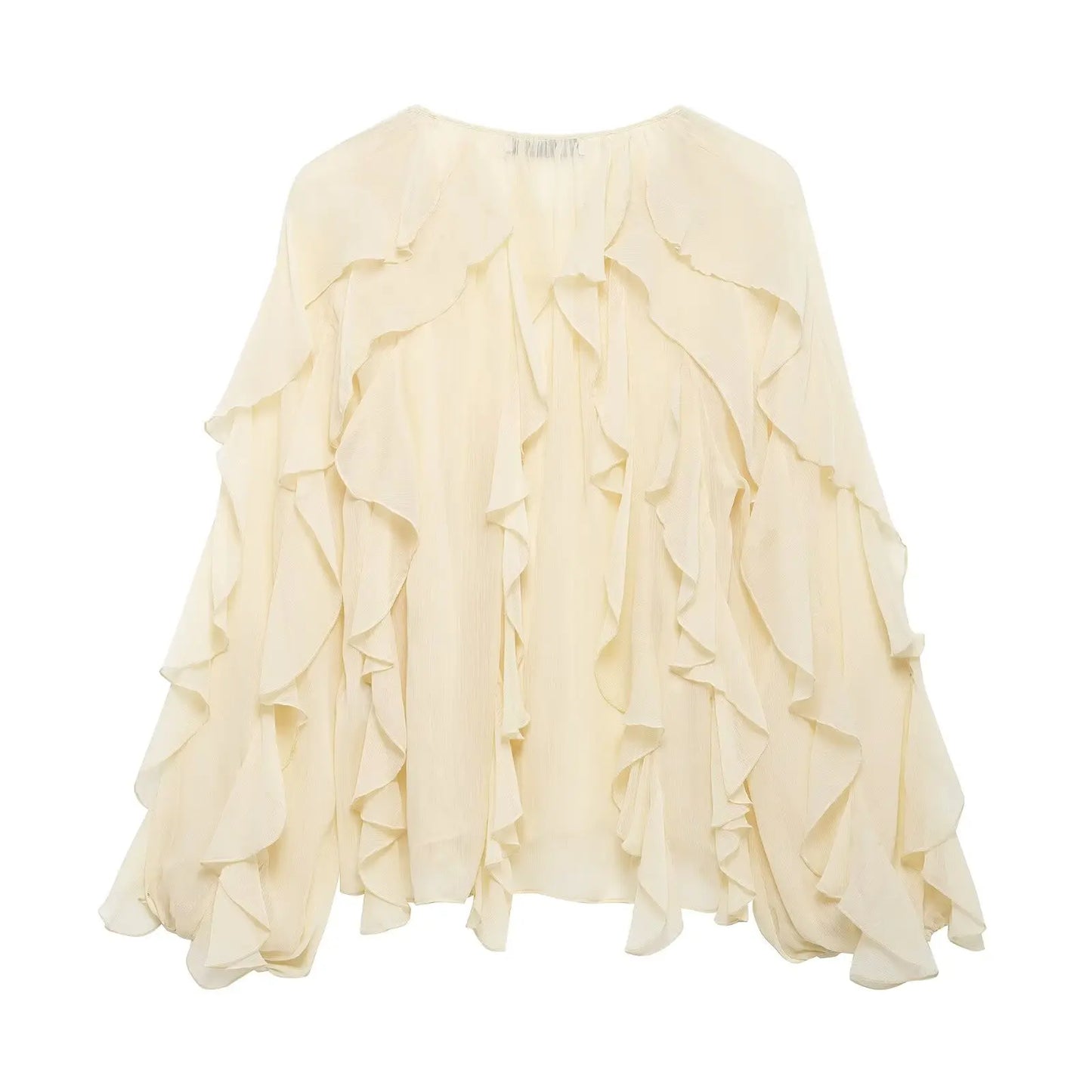 DUOPERI Women Fashion Solid Ruffled Blouse Vintage V-Neck Long Sleeves Female Chic Lady Shirts