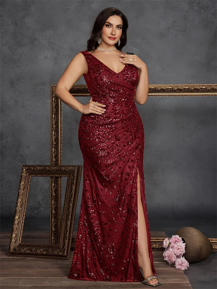 BLUEPLUM Plus Size Elegant Slit Evening Dress 2025 Long Mermaid Formal Sequins Sexy V-neck Caicktail Wedding Party Prom Gowns