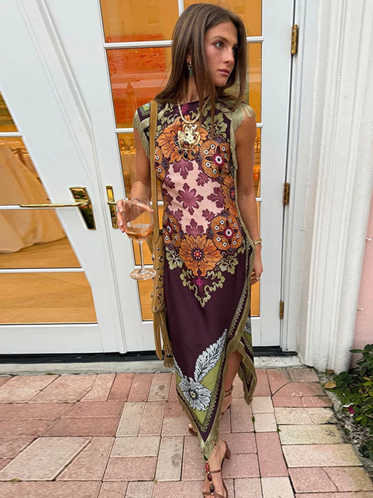 Elegant Printed Women's Tassel Dress Fringed Sleeveless Slim Irregular Party Evening Dresses 2026 Spring Summer Lady Vestidos