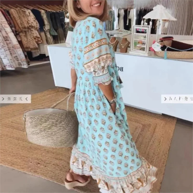 Boho Printed Chic V-neck Tassel Long Dress Women‘s Spring Pocket Party Dress Fall Half Lantern Sleeve Ruffles Maxi Dress Summer