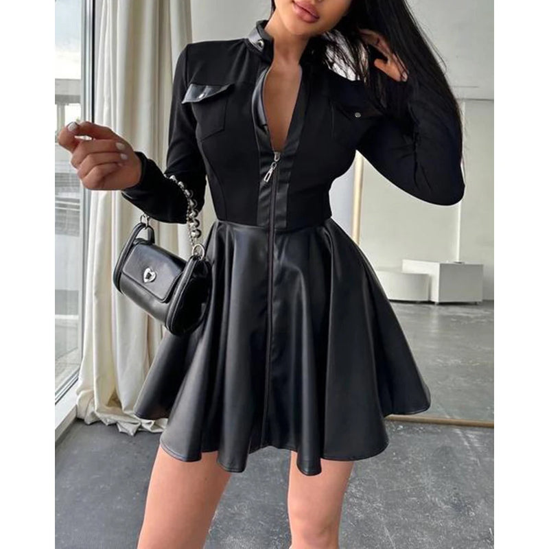 Women Long Sleeve Zipper Pocket Large Hem Faux Leather Mini Dress Women's Clothing Elegant Fashion PU Ruched Party Dress vestido