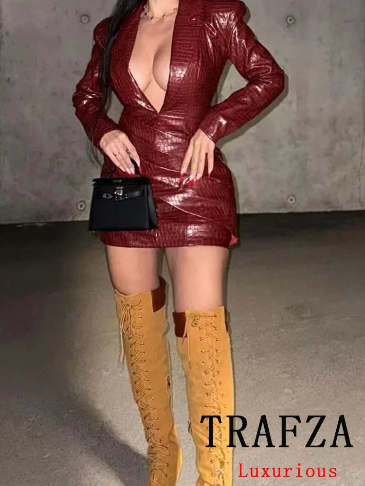 Vestido de festa feminino TRAFZA Sexy Couro Sólido Vermelho Manga Longa Mini Bainha Inverno Noite Clube Vestido