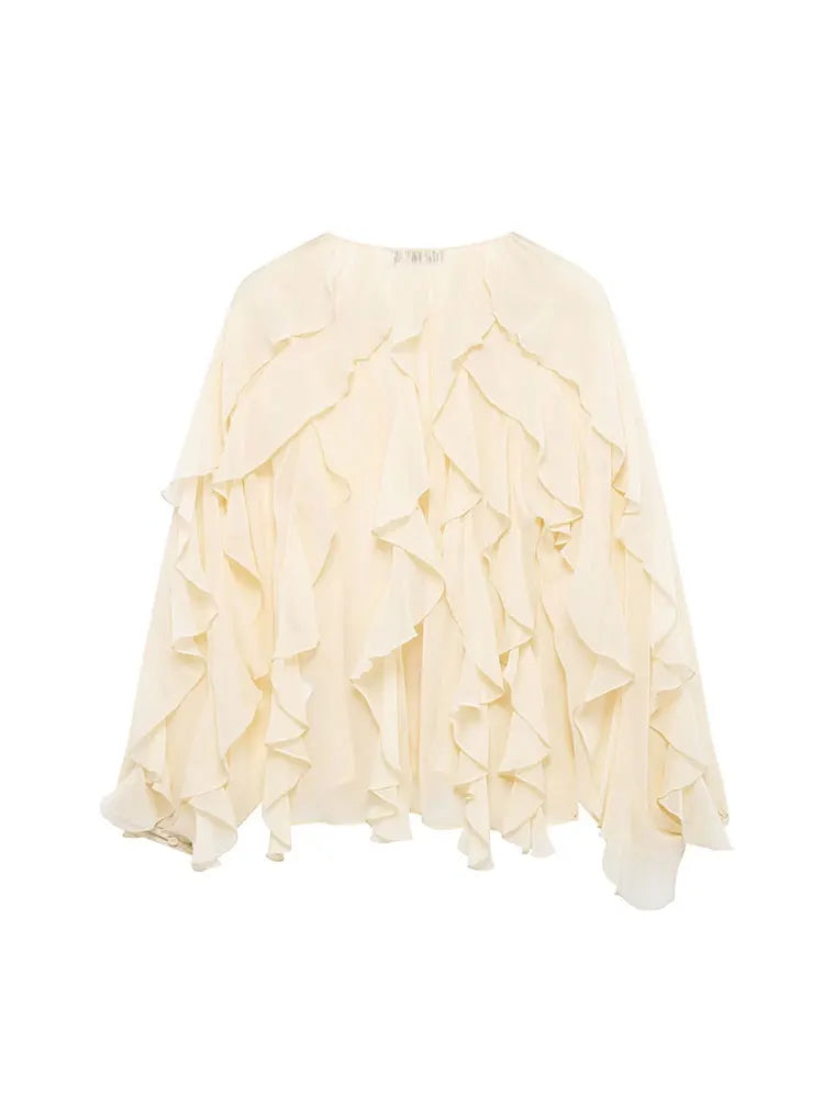 Camisa feminina casual com babados, solta, com cadarço, decote em V, blusas femininas para primavera de 2025