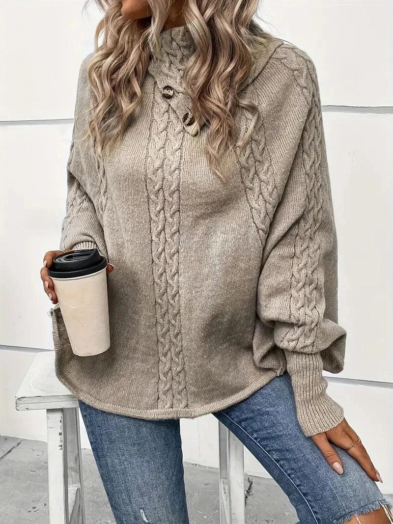 Women's Sweater Sweater for Women Turtleneck Batwing Sleeve Cable Knit Poncho - CRAVO ROSE