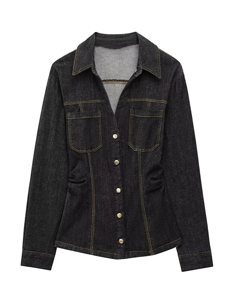 Women Fashion Denim Solid Top High Waist Pants Suits Casual Single Breasted Lapel Neck Shirts Pant Set Spring Lady Street Wear