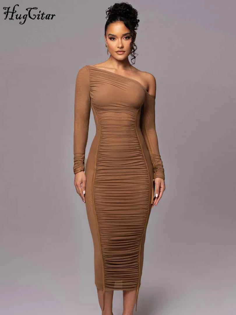 Hugcitar Mesh Solid Diagonal Collar Long Sleeve Draped Sexy See Through Bodycon Maxi Dress Summer Fashion Clothes Festival Club