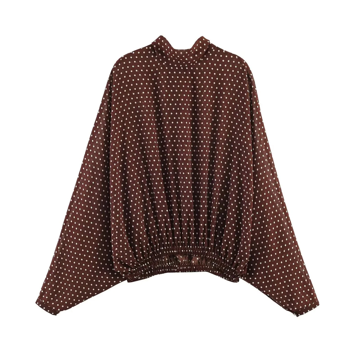 ETJ Women's Polka Dot Blouse Skirt Set 2026 Spring High Neck Batwing Sleeve Sheer Front Tie Bow Midi A-Line Dress Set
