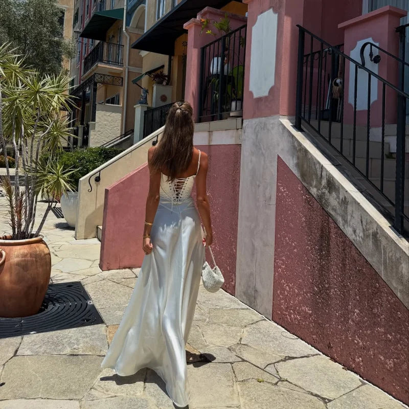 Elegant Lace Up Solid Camisole Maxi Dresses Fashion New Contrasting Cropped Long Gown 2025 New Female Party Beach Evening Robes
